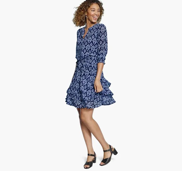 JohnstonandMurphy Dresses and Jumpsuits Tiered VNeck Print Dress Navy Ikat 8211 Women