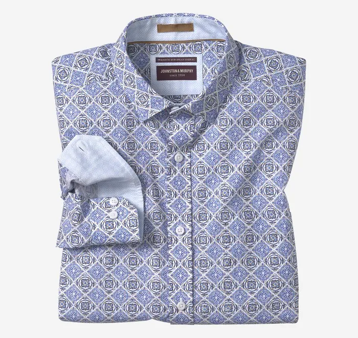 JohnstonandMurphy Shirts Printed Cotton Shirt Blue Mosaic Tile 8211 Men