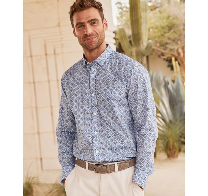 JohnstonandMurphy Shirts Printed Cotton Shirt Blue Mosaic Tile 8211 Men