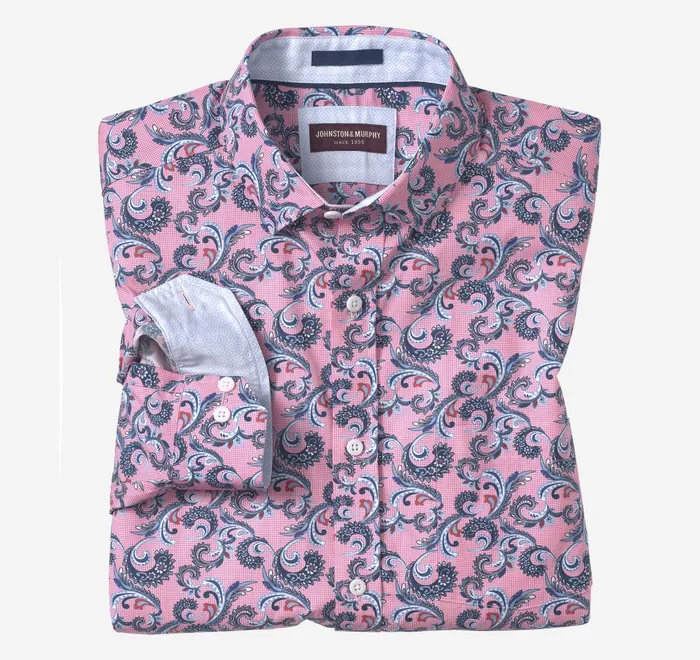 JohnstonandMurphy Shirts Printed Cotton Shirt Pink Checkered Paisley 8211 Men JohnstonandMurphy Shirts Printed Cotton Shirt Pink Checkered Paisley 8211 Men