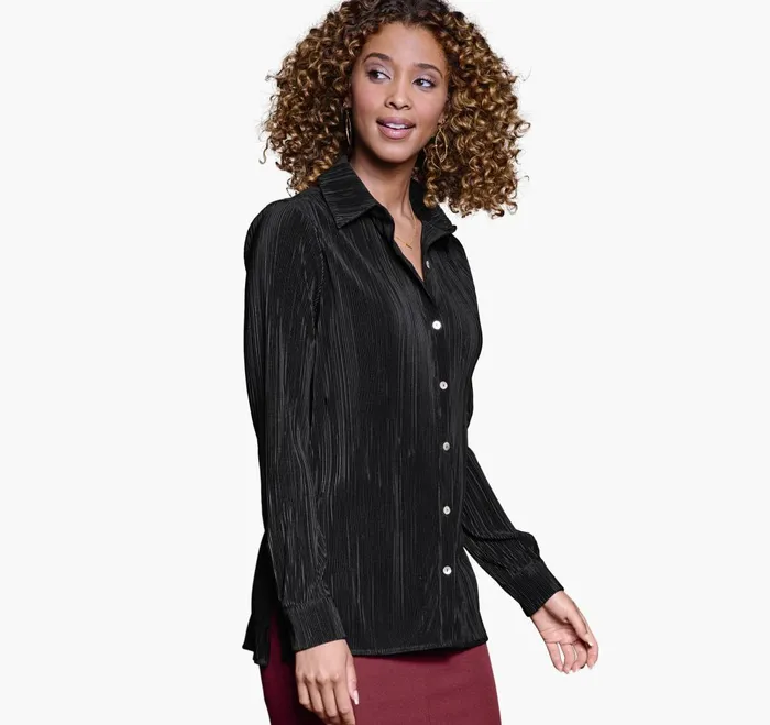 JohnstonandMurphy Shirts Sweaters and Blazers Pleated ButtonFront Shirt Black 8211 Women