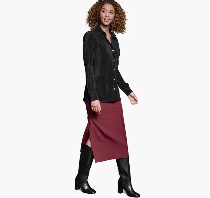 JohnstonandMurphy Shirts Sweaters and Blazers Pleated ButtonFront Shirt Black 8211 Women