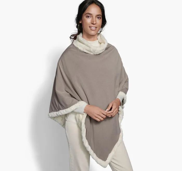 JohnstonandMurphy Shirts Sweaters and Blazers Reversible FauxFur Poncho Ivoryoatmeal 8211 Women