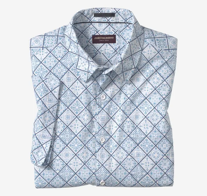 JohnstonandMurphy ShortSleeve Shirts Print Camp Shirt Bluewhite Mosaic 8211 Men JohnstonandMurphy ShortSleeve Shirts Print Camp Shirt Bluewhite Mosaic 8211 Men