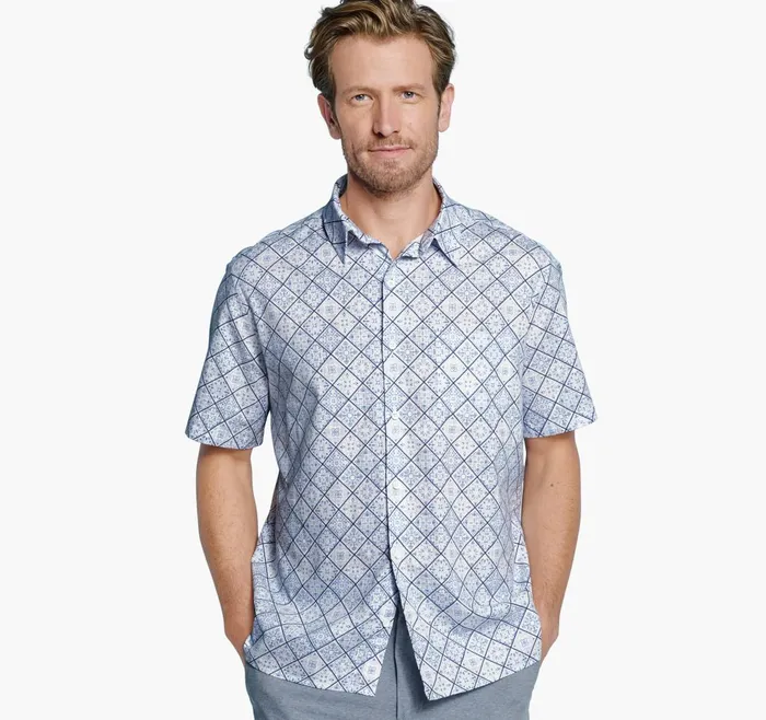JohnstonandMurphy ShortSleeve Shirts Print Camp Shirt Bluewhite Mosaic 8211 Men