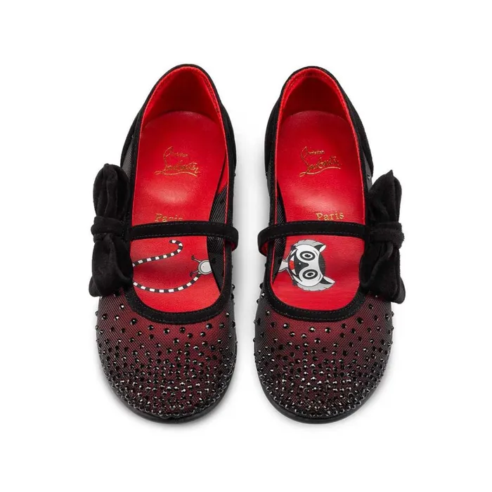 Kids Melodie Strass Ballerinas 8211 Mesh And Veau Velours 8211 Black Black Christian Louboutin Ballerinas