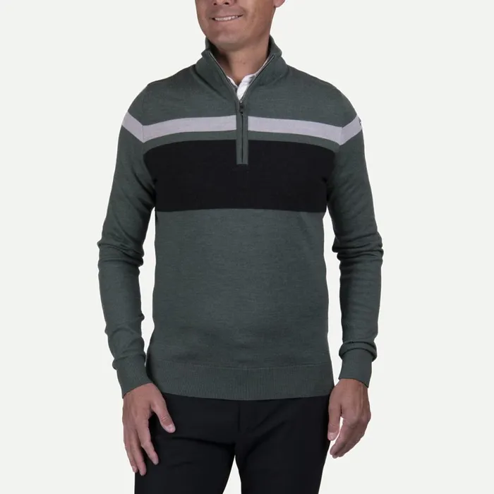 KJUS Midlayers and Sweaters Stripe Sweater HalfZip 8211 Merino Wool Midlayer Green Smoke 8211 Men