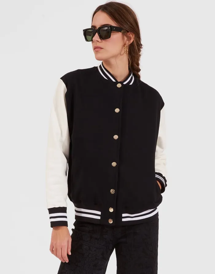 La Doublej Embroidered Sisterhood Varsity Bomber Solid Black In Jersey Women TShirts and Sweatshirts La Doublej Embroidered Sisterhood Varsity Bomber Solid Black In Jersey Women TShirts and Sweatshirts
