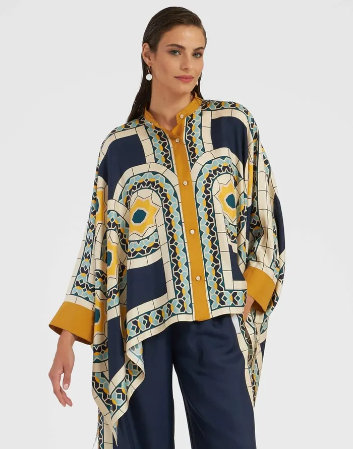 La Doublej Foulard Shirt Mudejar Place Blue In Silk Twill Women Shirts and Tops