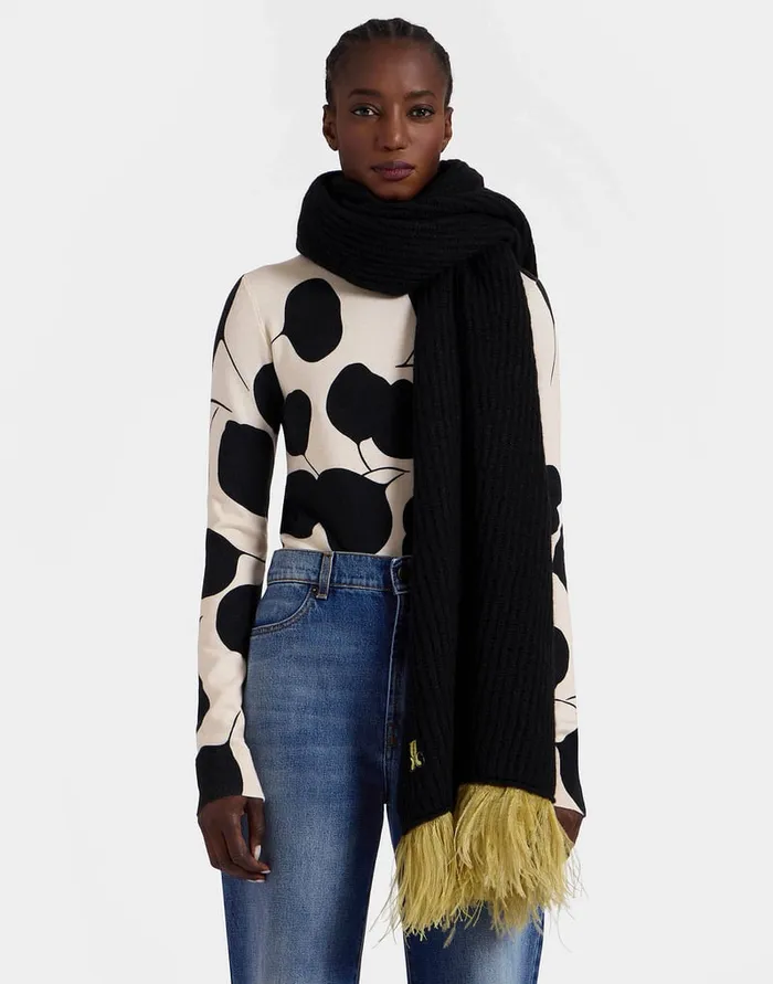 La Doublej High Kick Scarf Anthracite In Wool With Feathers Women Foulards and Scarves La Doublej High Kick Scarf Anthracite In Wool With Feathers Women Foulards and Scarves