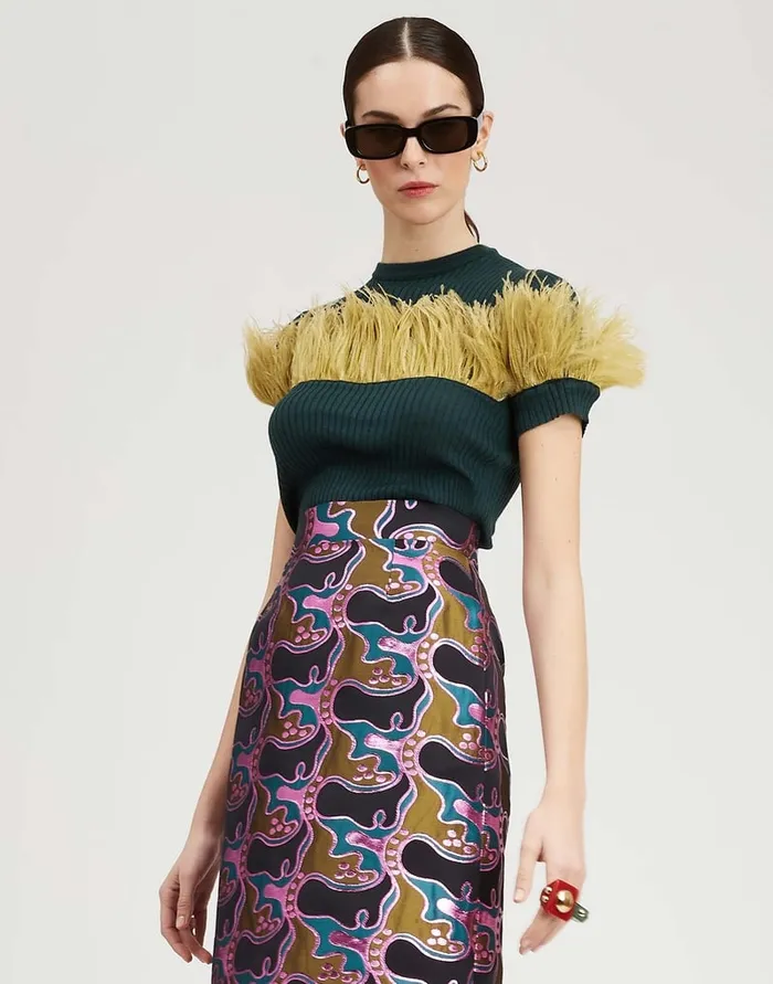 La Doublej High Kick Tee Green In Ribbed Silk Cashmere With Feathers Women Knitwear La Doublej High Kick Tee Green In Ribbed Silk Cashmere With Feathers Women Knitwear