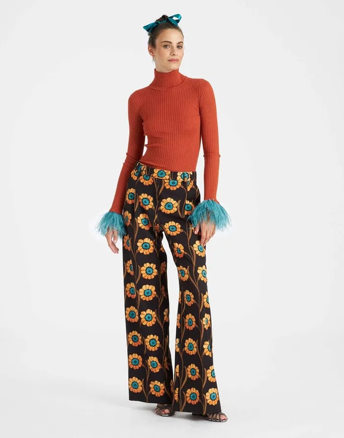 La Doublej High Kick Top Orange In Ribbed Silk Cashmere With Feathers Women Knitwear
