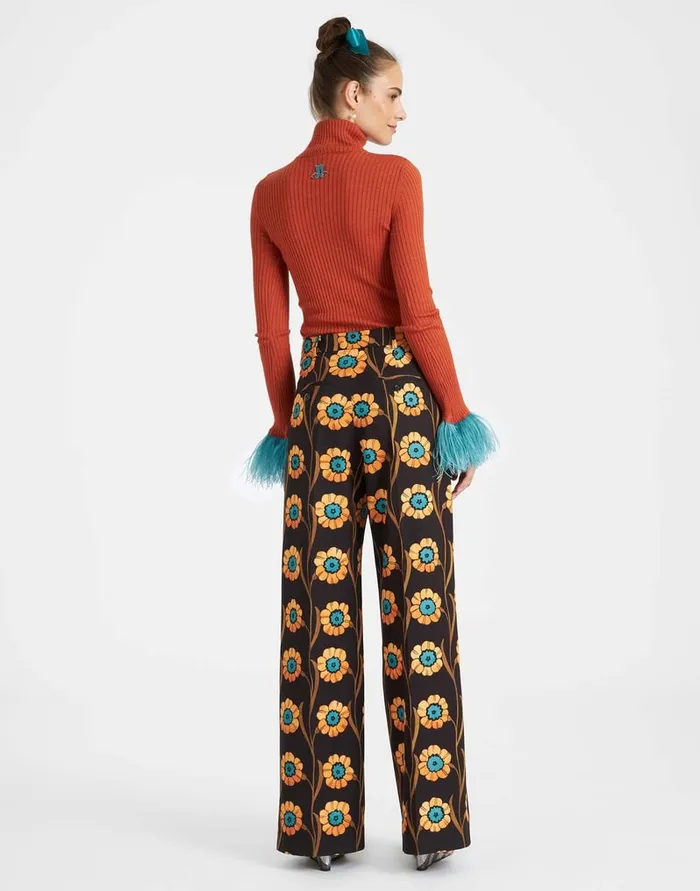 La Doublej High Kick Top Orange In Ribbed Silk Cashmere With Feathers Women Knitwear