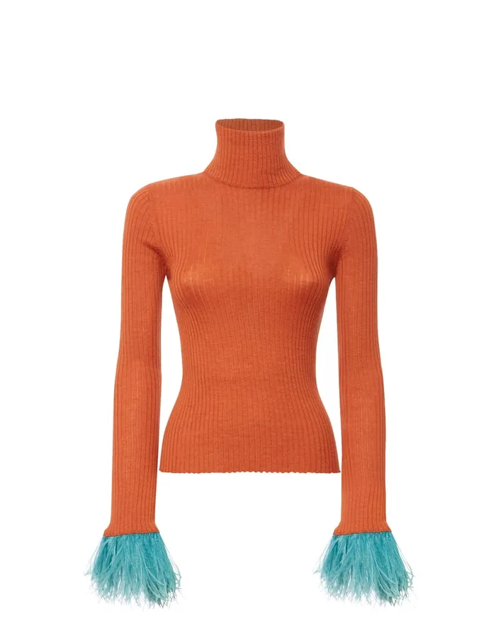 La Doublej High Kick Top Orange In Ribbed Silk Cashmere With Feathers Women Knitwear