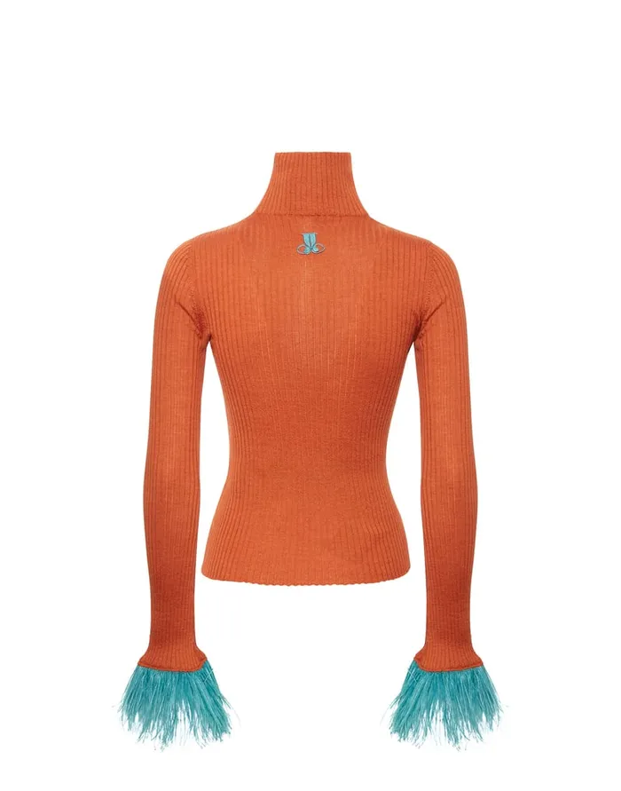 La Doublej High Kick Top Orange In Ribbed Silk Cashmere With Feathers Women Knitwear