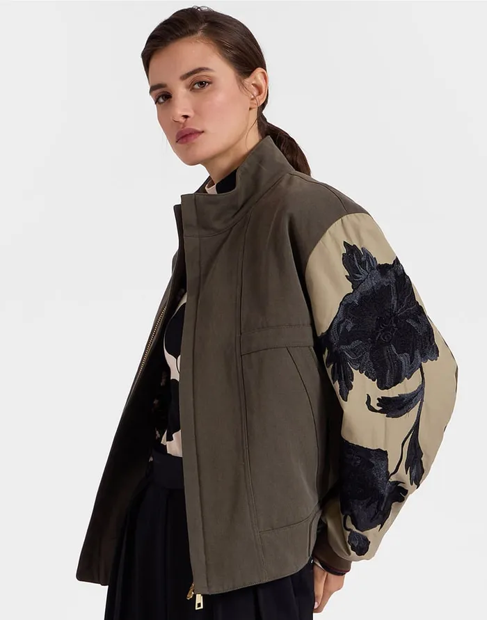 La Doublej Janis Puffer Solid Camouflage Green In Washed Cotton Embroidered Women Outerwear La Doublej Janis Puffer Solid Camouflage Green In Washed Cotton Embroidered Women Outerwear