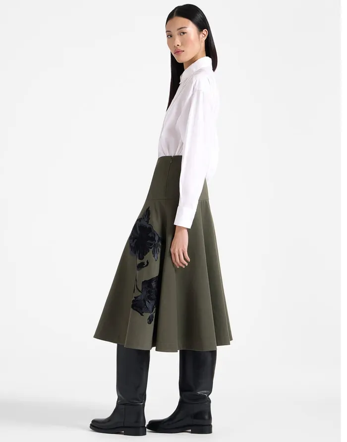 La Doublej Janis Skirt Solid Camouflage Green In Washed Cotton Embroidered Women Skirts