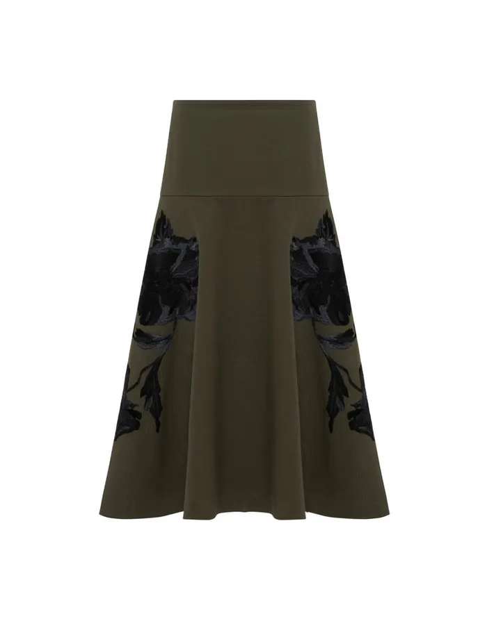 La Doublej Janis Skirt Solid Camouflage Green In Washed Cotton Embroidered Women Skirts