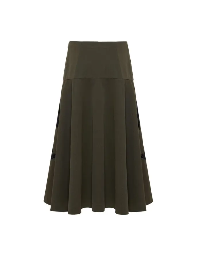 La Doublej Janis Skirt Solid Camouflage Green In Washed Cotton Embroidered Women Skirts