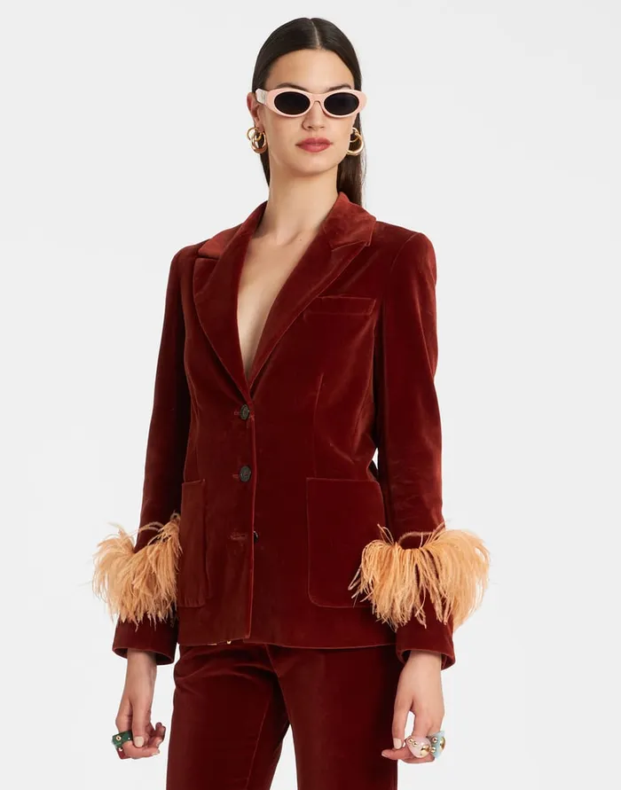 La Doublej Keaton Jacket Terracotta In Velvet With Feathers Women Outerwear