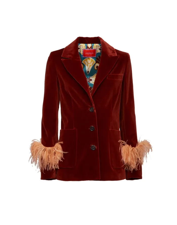 La Doublej Keaton Jacket Terracotta In Velvet With Feathers Women Outerwear