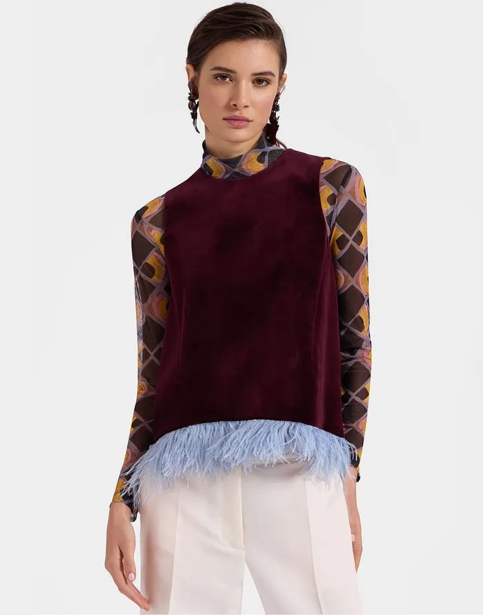 La Doublej La Scala Top Solid Burgandy In Cotton Velvet With Feathers Women Shirts and Tops La Doublej La Scala Top Solid Burgandy In Cotton Velvet With Feathers Women Shirts and Tops