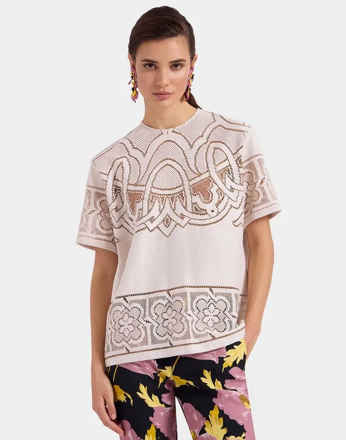 La Doublej Lacey House TShirt Solid White Smoke In Embroidered Cotton Women Shirts and Tops La Doublej Lacey House TShirt Solid White Smoke In Embroidered Cotton Women Shirts and Tops