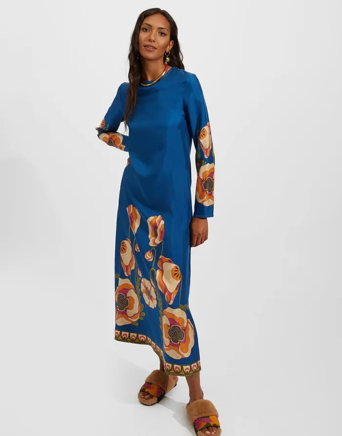 La Doublej Long Sleeve Swing Dress Poppies Blue Place In Twill Silk Women Dresses La Doublej Long Sleeve Swing Dress Poppies Blue Place In Twill Silk Women Dresses