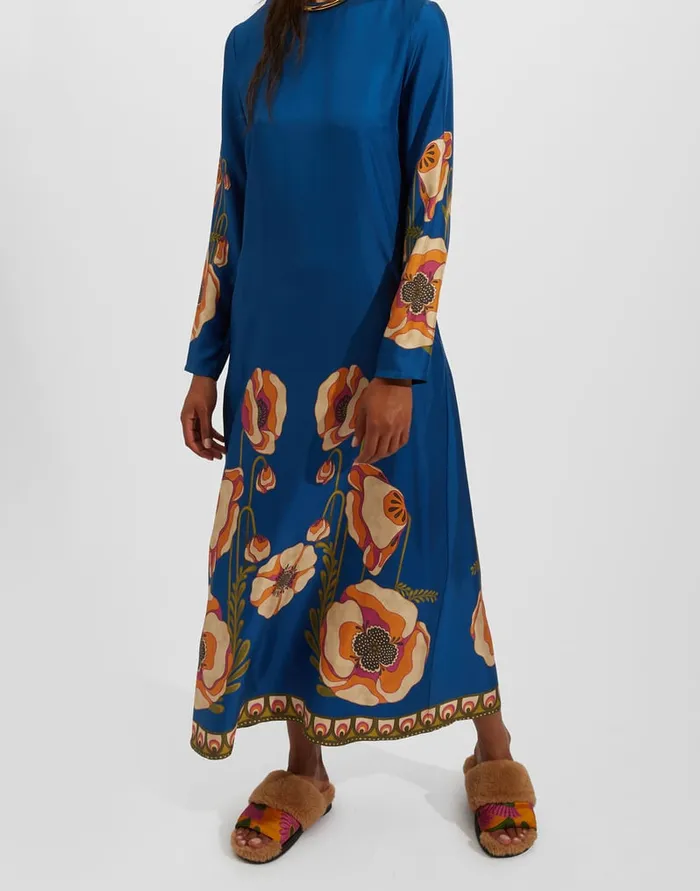La Doublej Long Sleeve Swing Dress Poppies Blue Place In Twill Silk Women Dresses