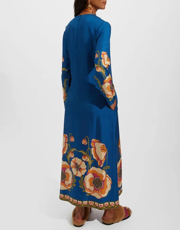 La Doublej Long Sleeve Swing Dress Poppies Blue Place In Twill Silk Women Dresses