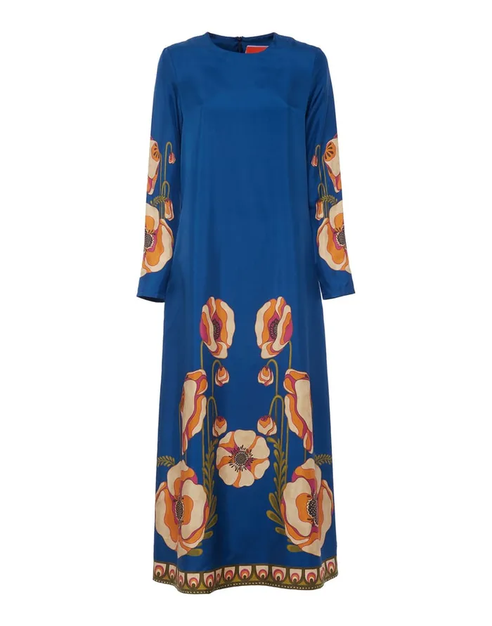 La Doublej Long Sleeve Swing Dress Poppies Blue Place In Twill Silk Women Dresses