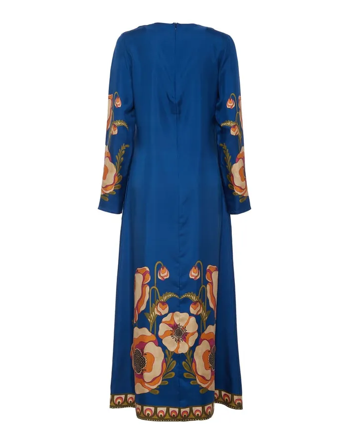 La Doublej Long Sleeve Swing Dress Poppies Blue Place In Twill Silk Women Dresses