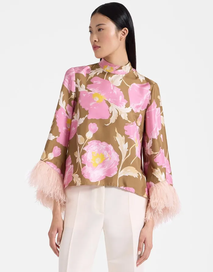 La Doublej Make An Exit Top Sylph Khaki In Silk Twill With Feathers Women Party Dressing