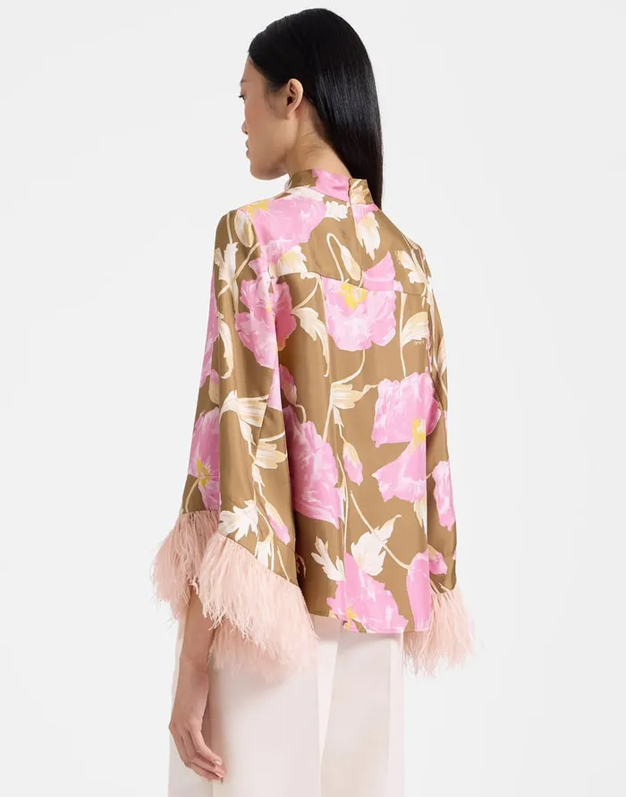 La Doublej Make An Exit Top Sylph Khaki In Silk Twill With Feathers Women Party Dressing