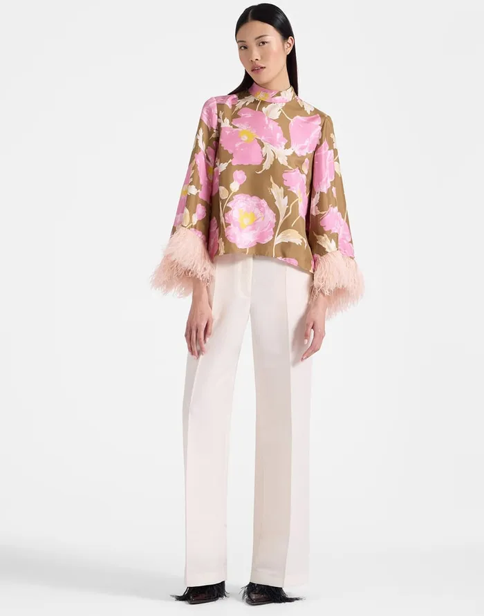 La Doublej Make An Exit Top Sylph Khaki In Silk Twill With Feathers Women Party Dressing