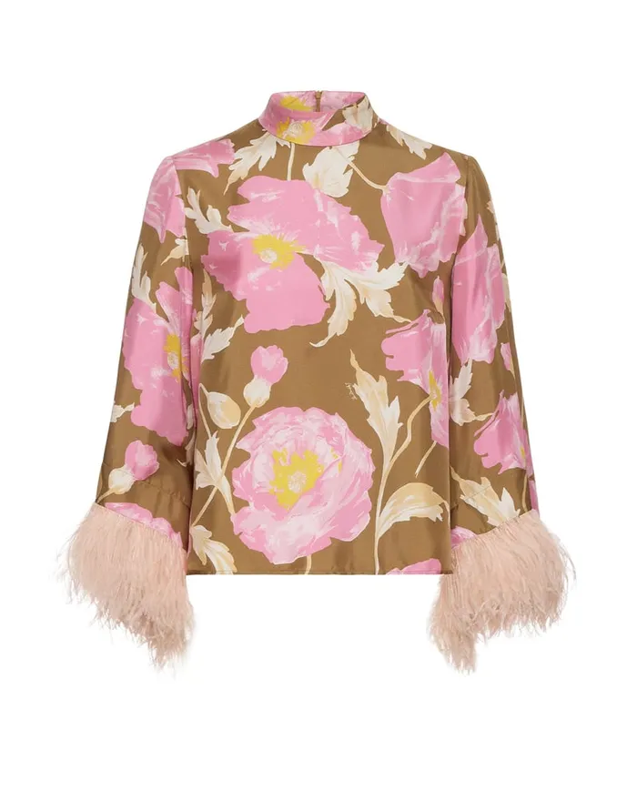 La Doublej Make An Exit Top Sylph Khaki In Silk Twill With Feathers Women Party Dressing