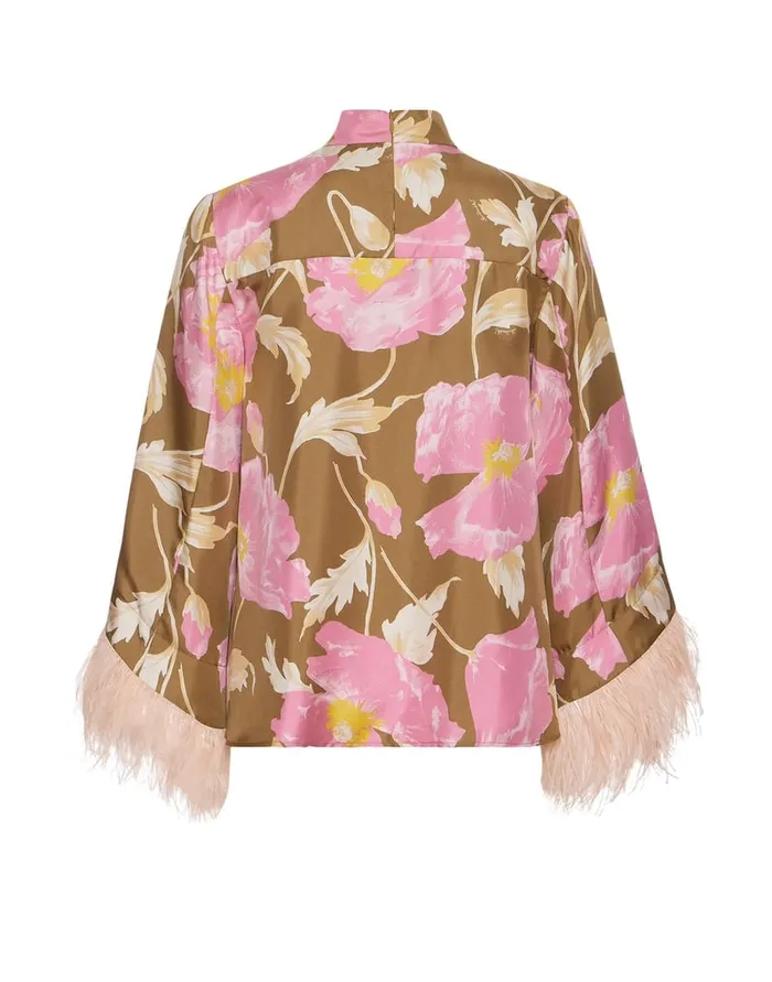 La Doublej Make An Exit Top Sylph Khaki In Silk Twill With Feathers Women Party Dressing