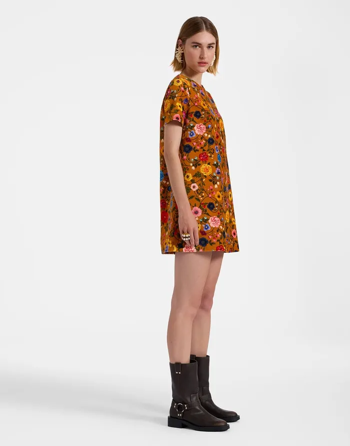 La Doublej Mini Swing Dress Botticelli Rust In Cotton Velvet Women Party Dressing