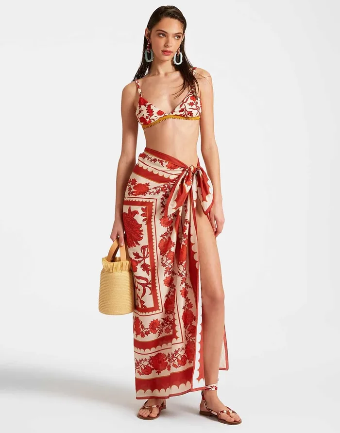 La Doublej Pareo Dragonflower Place Red In Silk Voile Women Swimwear