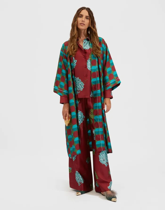 La Doublej Silk Robe Sfere Grandi Verde In Twill Silk Women Loungewear