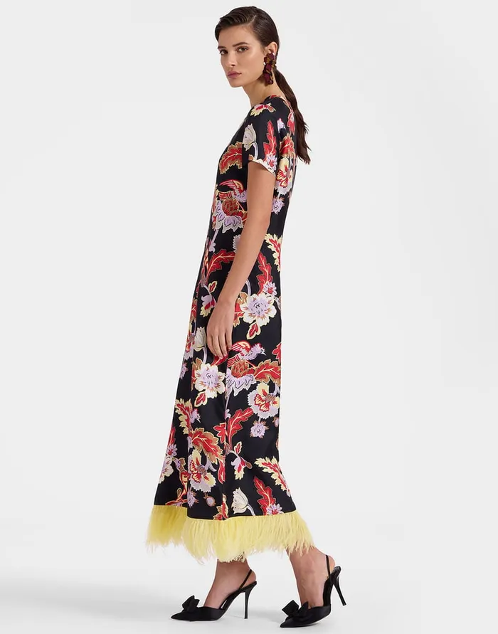 La Doublej Swing Dress Lark Black In Silk Twill With Feathers Women Dresses