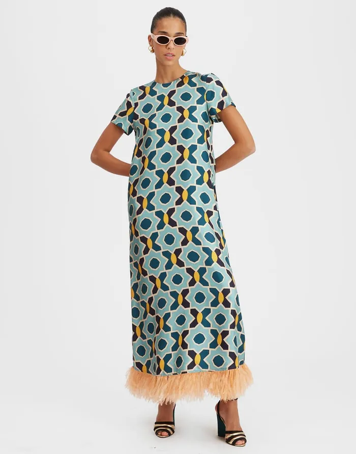 La Doublej Swing Dress Plaza Light Blue In Silk Twill With Feathers Women Dresses La Doublej Swing Dress Plaza Light Blue In Silk Twill With Feathers Women Dresses