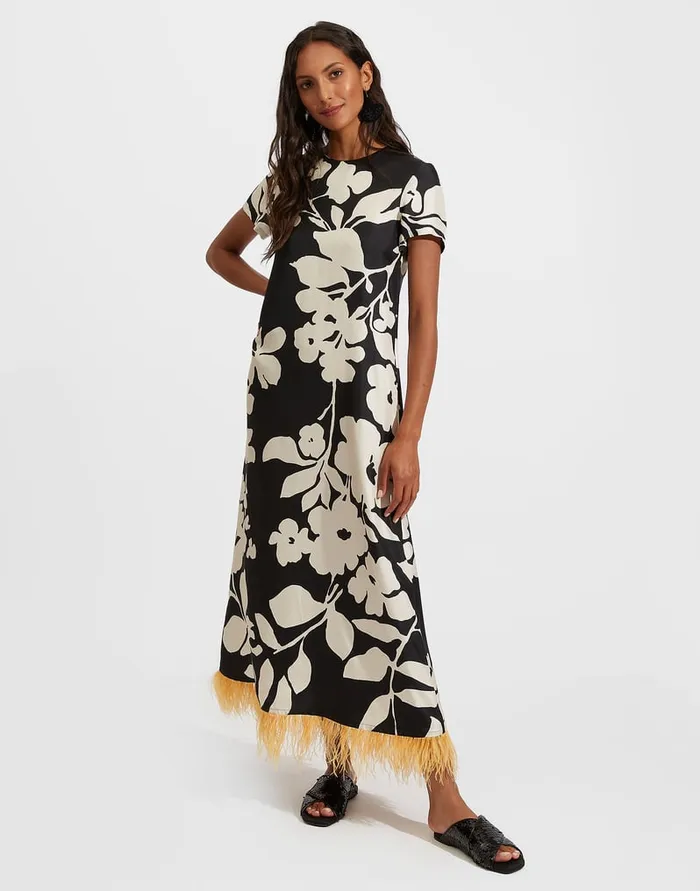 La Doublej Swing Dress With Feathers Winter Jasmine In Twill Silk Women Dresses La Doublej Swing Dress With Feathers Winter Jasmine In Twill Silk Women Dresses