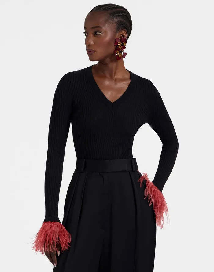 La Doublej VNeck High Kick Top Solid Black In Ribbed Silk Cashmere With Feathers Women Knitwear
