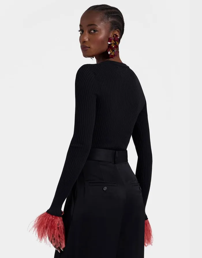 La Doublej VNeck High Kick Top Solid Black In Ribbed Silk Cashmere With Feathers Women Knitwear