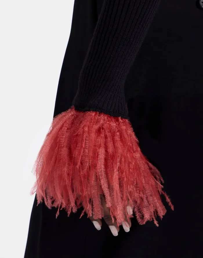 La Doublej VNeck High Kick Top Solid Black In Ribbed Silk Cashmere With Feathers Women Knitwear