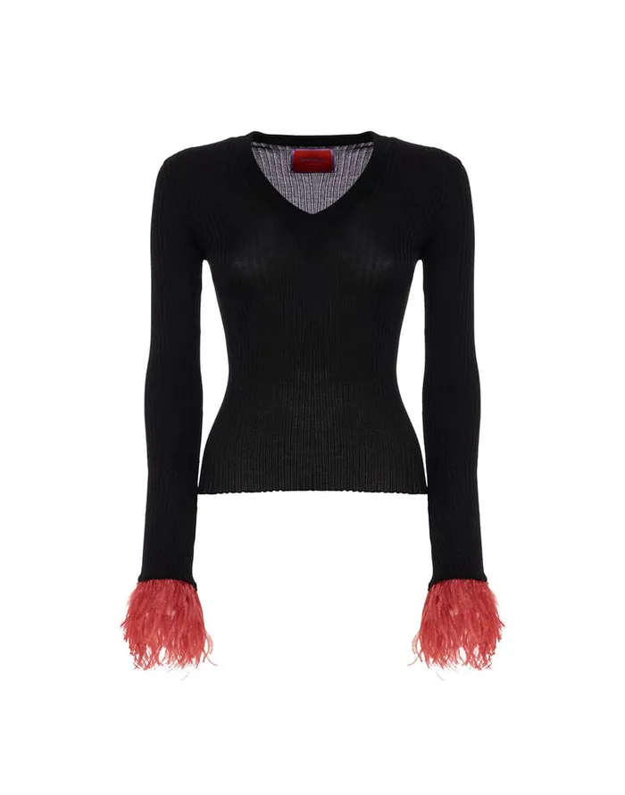 La Doublej VNeck High Kick Top Solid Black In Ribbed Silk Cashmere With Feathers Women Knitwear