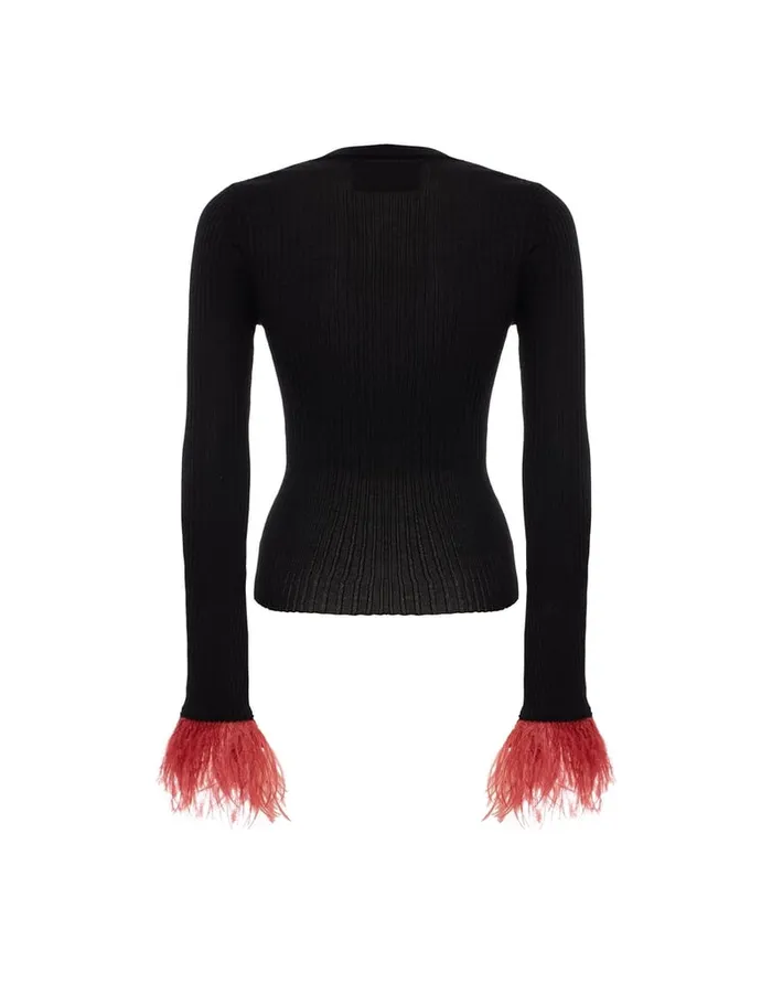 La Doublej VNeck High Kick Top Solid Black In Ribbed Silk Cashmere With Feathers Women Knitwear