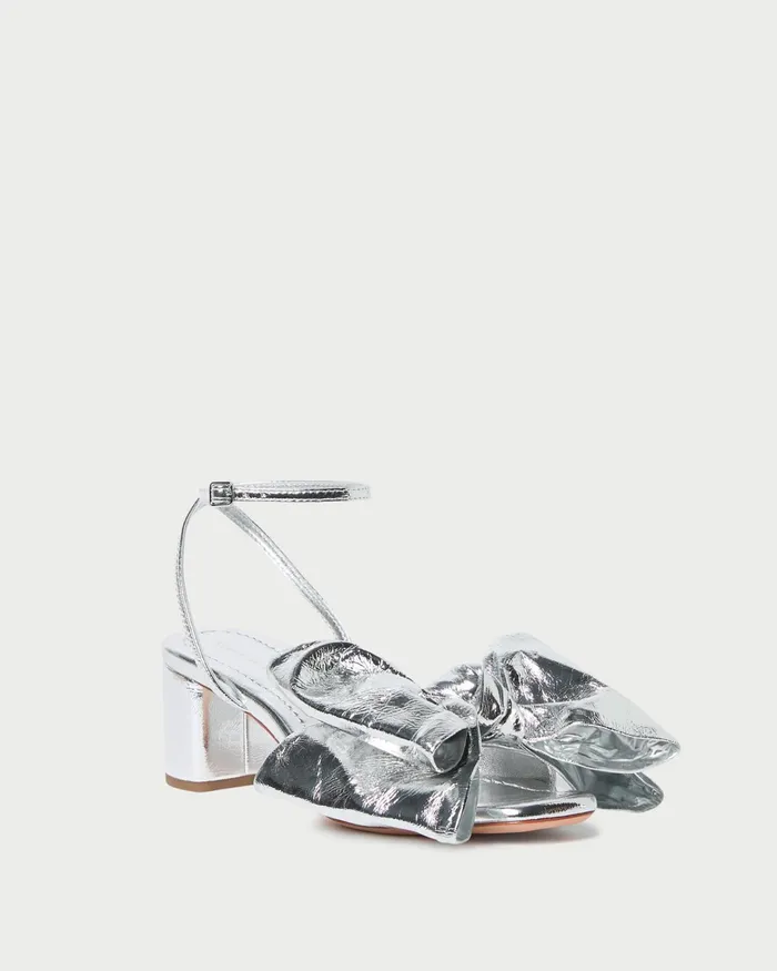 Loeffler Randall Carmen Silver Leather Bow Sandal Women Heeled Sandals