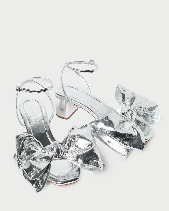 Loeffler Randall Carmen Silver Leather Bow Sandal Women Heeled Sandals Loeffler Randall Carmen Silver Leather Bow Sandal Women Heeled Sandals